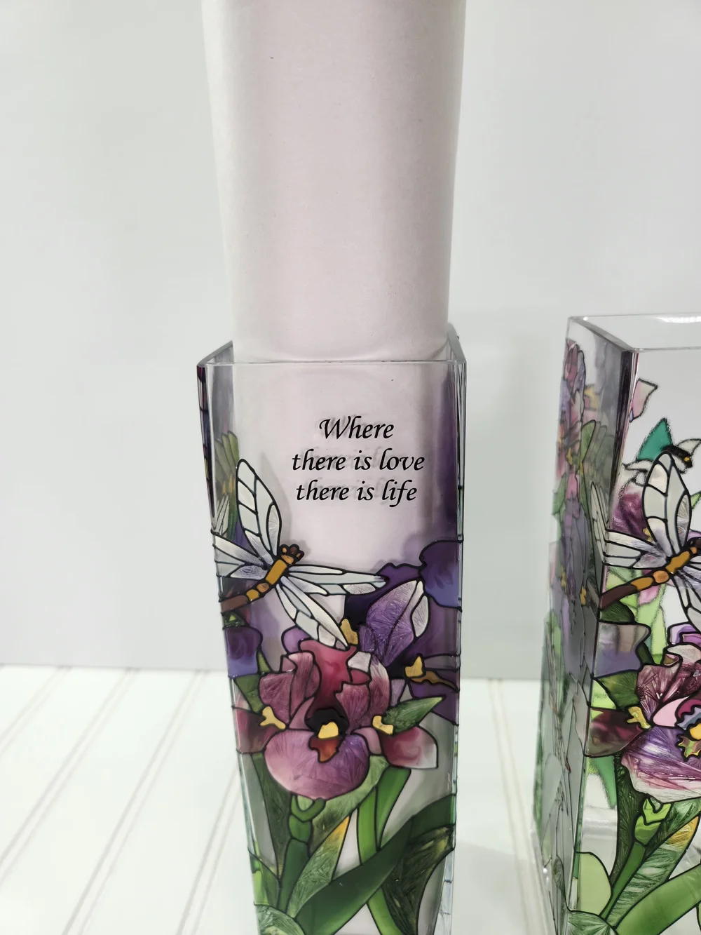 Vintage Joan Baker Designs Set of 2 Hand-Painted Stained Glass Vases